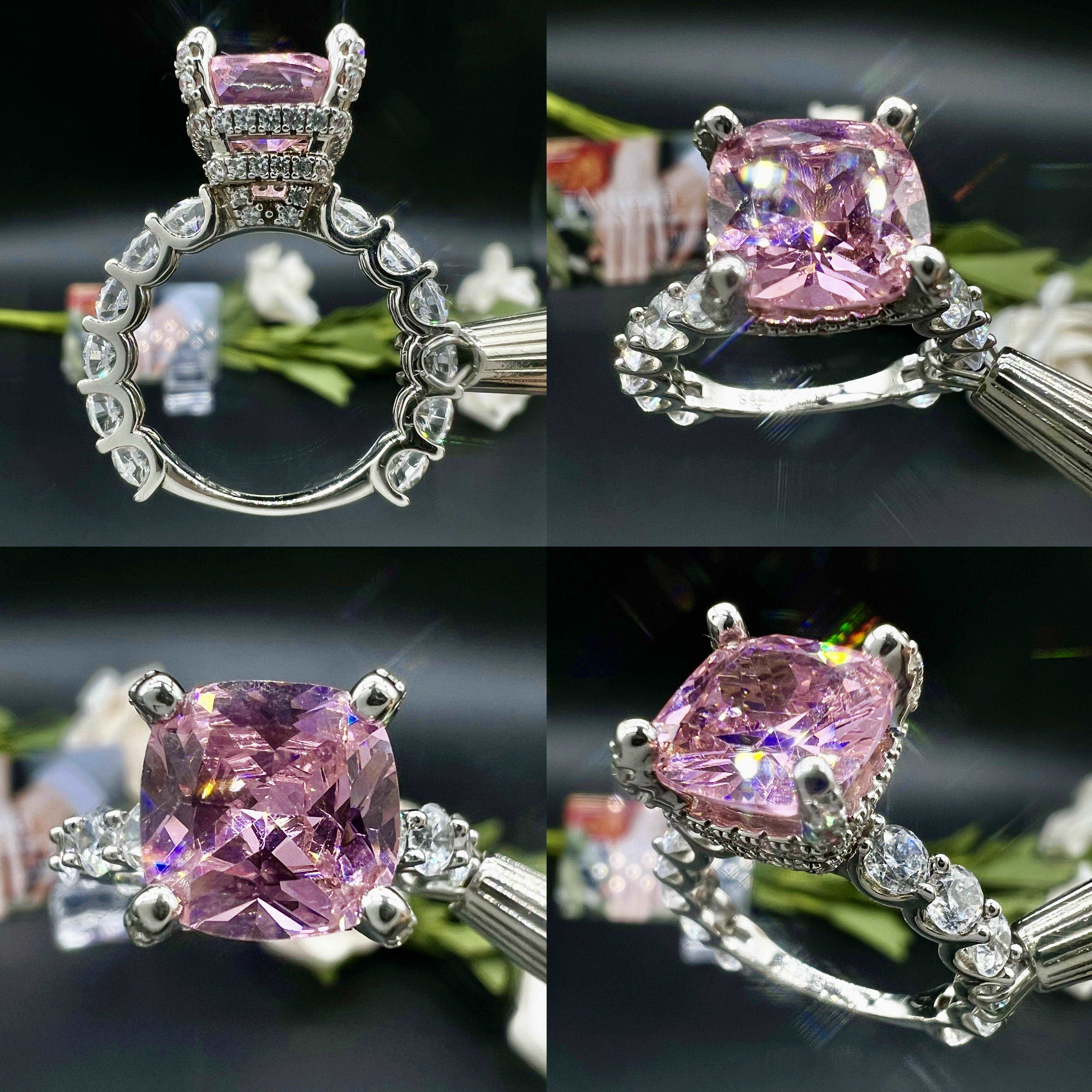 Double Under Halo Cushion Cut Fancy Pink Gemstone Engagement Ring