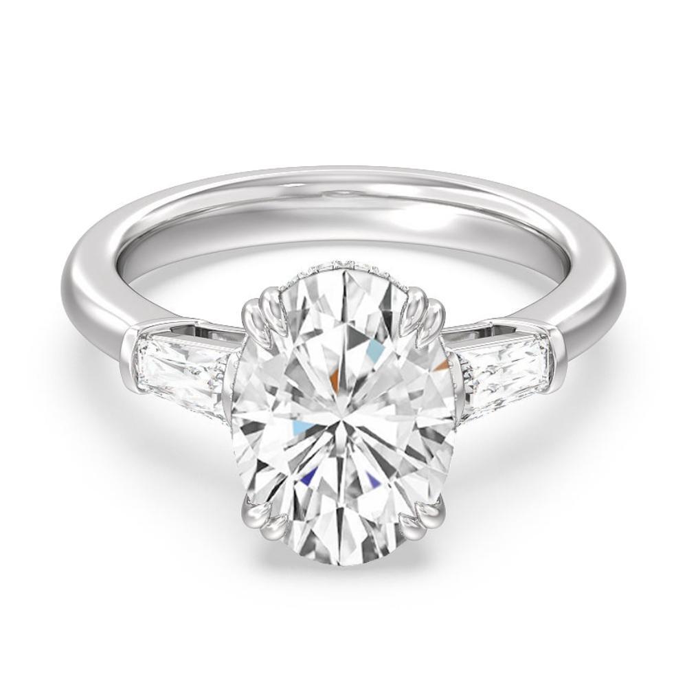 Moissanite Oval Cut Baguette Side Stone Engagement Ring