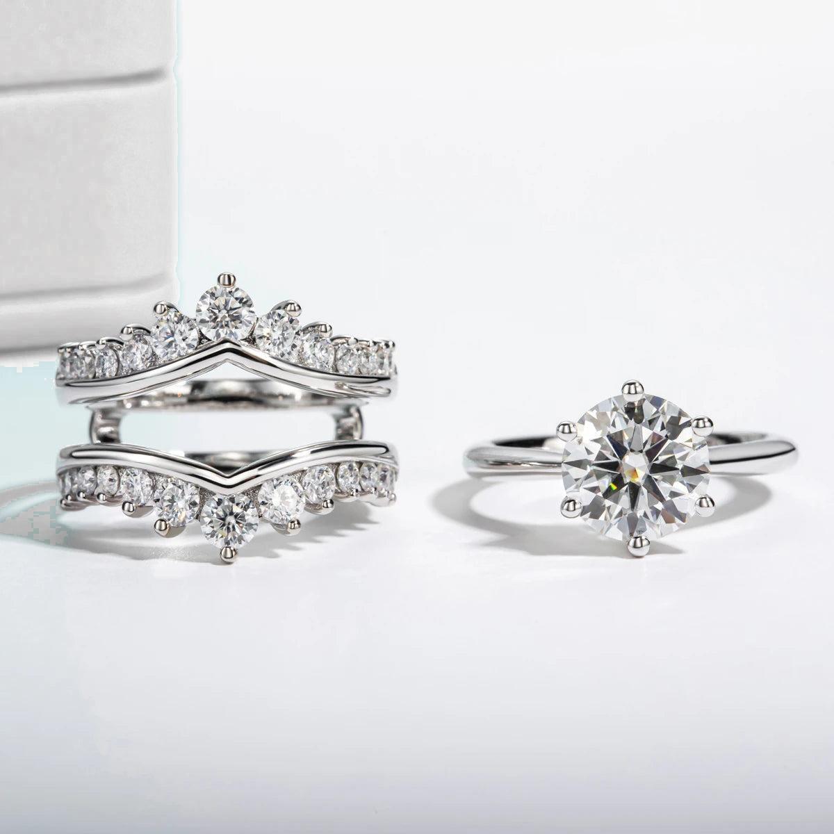 3.0ct Moissanite Solitaire Engagement Ring And Double V-shaped Enhancer Bridal Set